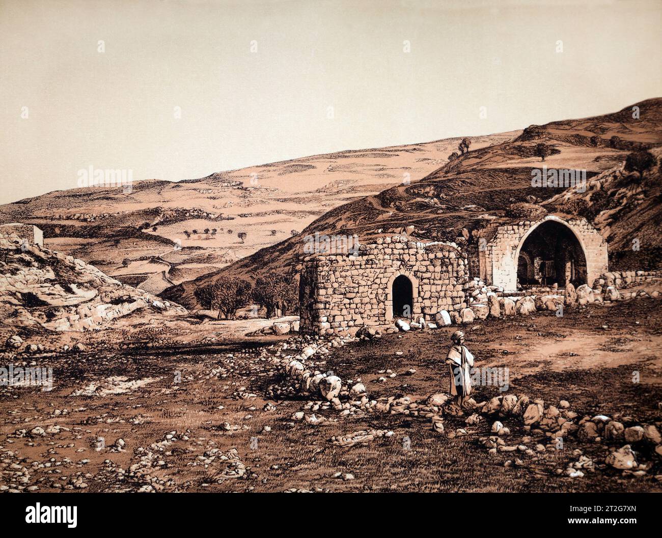 Valley of Tophet location in Jerusalem where worshippers engaged in Child Sacrifice rituals and King Josiah Destroyed Tophet (Kings) Illustration from Photograph Taken on the Spot by Frank Mason Goodfrom 19th Century Holy Bible - The Self-Interpreting Family Bible with Old and new Testaments by the late Revernd John Brown Stock Photo