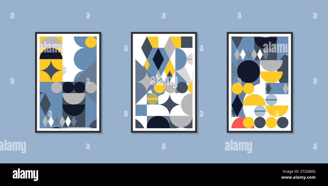 Image showcasing Three minimalist geometric paintings. Abstract mid century modern art ...