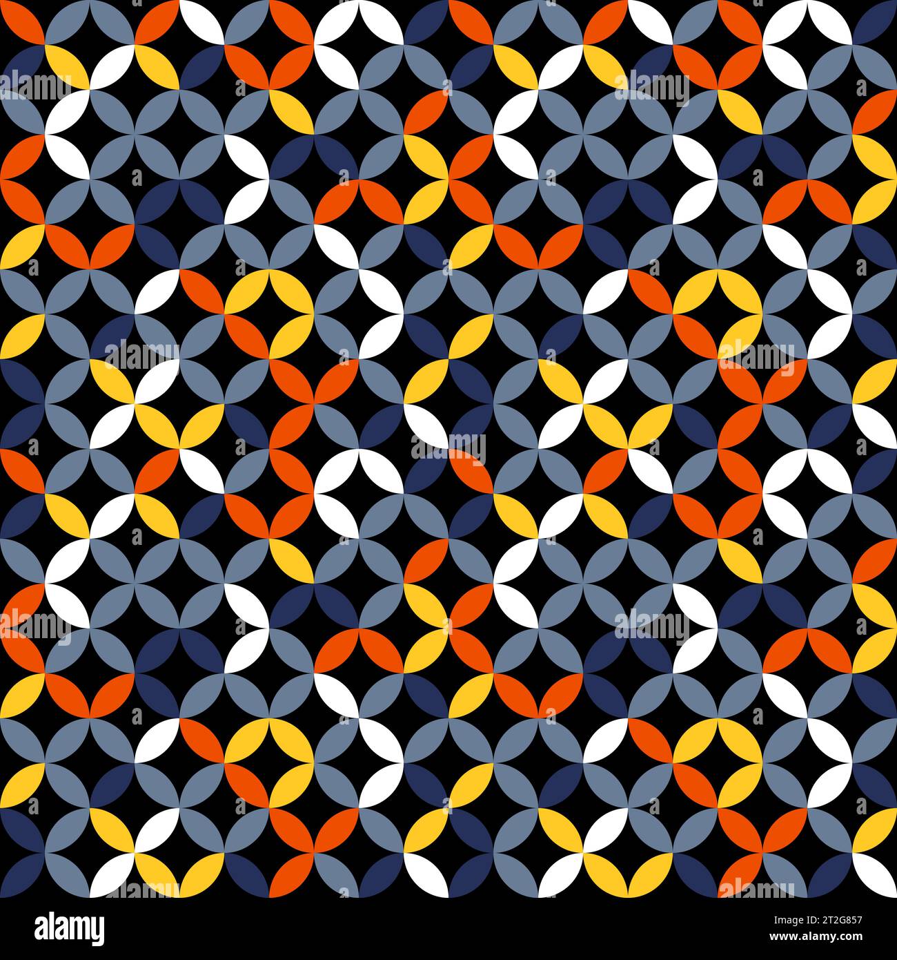 Dark blue, white and orange geometric pattern. Overlapping circles and ovals abstract retro fashion texture. Seamless pattern. Stock Vector