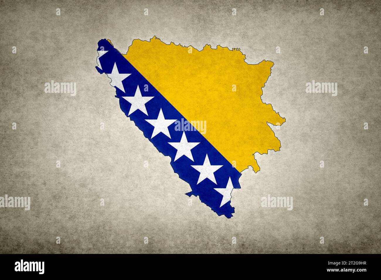 Grunge map of Bosnia and Herzegovina with its flag printed within its border on an old paper. Stock Photo