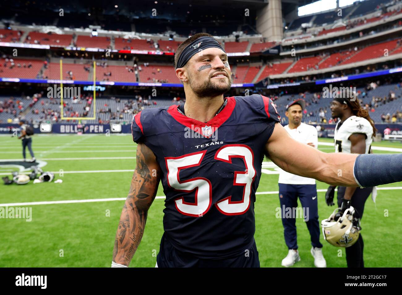 Houston Texans linebacker Blake Cashman (53) after an NFL football game against the New Orleans Saints, Sunday, Oct. 15, 2023, in Houston. (AP Photo/Tyler Kaufman) Stock Photo