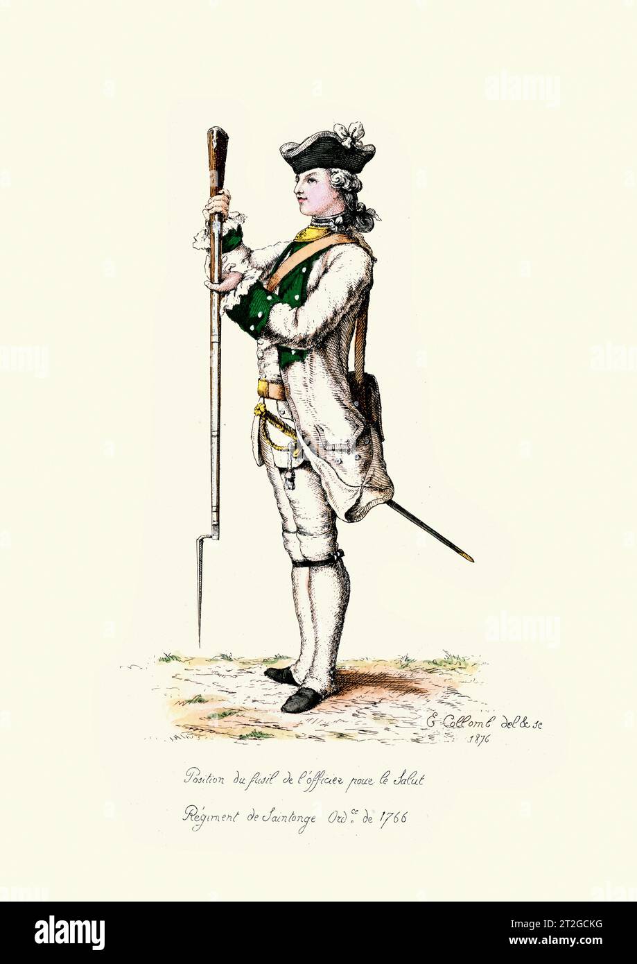 French Military Uniforms, 18th Century, History, Infantry solider saluting, Musket with bayonet, Regiment de Saintonge Stock Photo