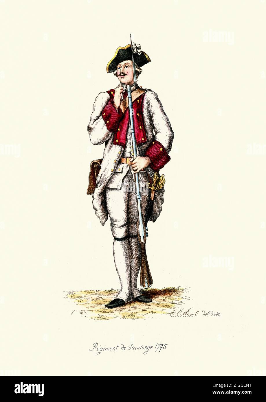 French Military Uniforms, 18th Century, History, Infantry solider, Musket and bayonet, Regiment de Saintonge Stock Photo