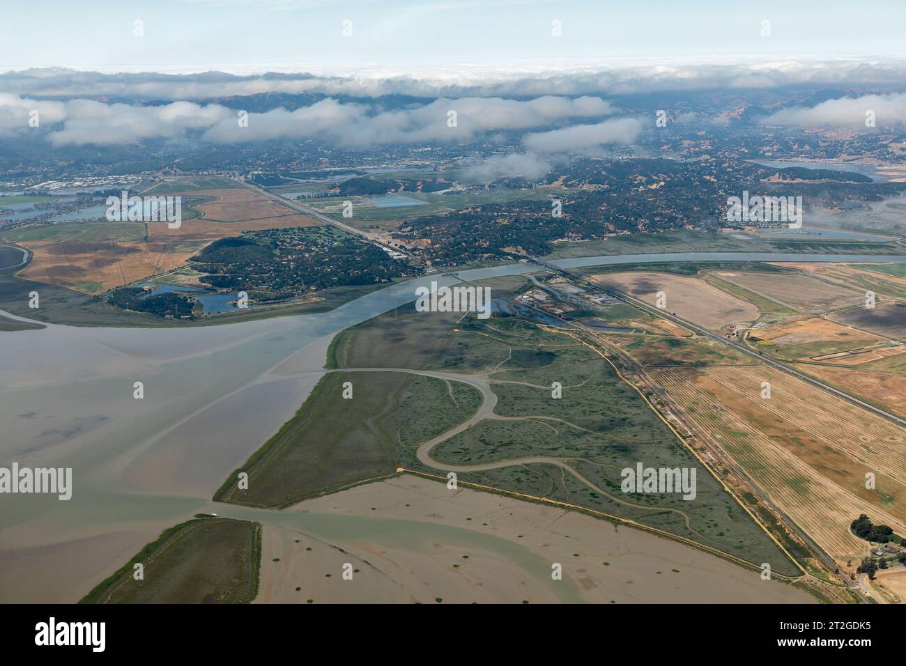 Aerial view of the Sacramento River Delta meeting the norther San Francisco Bay Stock Photo