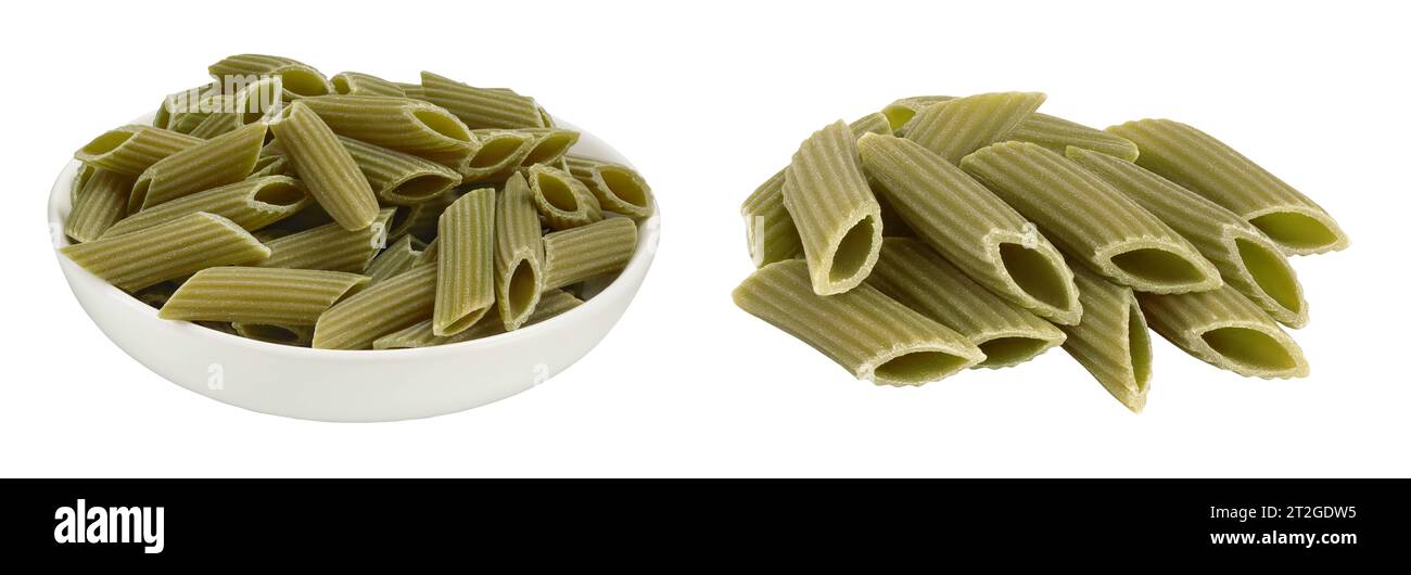 Green pea penne pasta in ceramic bowl isolated on white background . Organic food speciality. Gluten free. Stock Photo