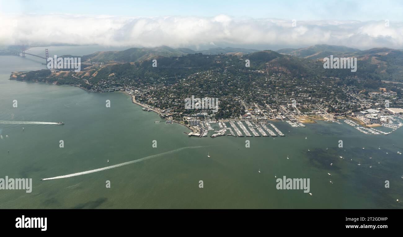 Aerial View of Sausalito, marinas, San Francisco Bay and Golden Gate