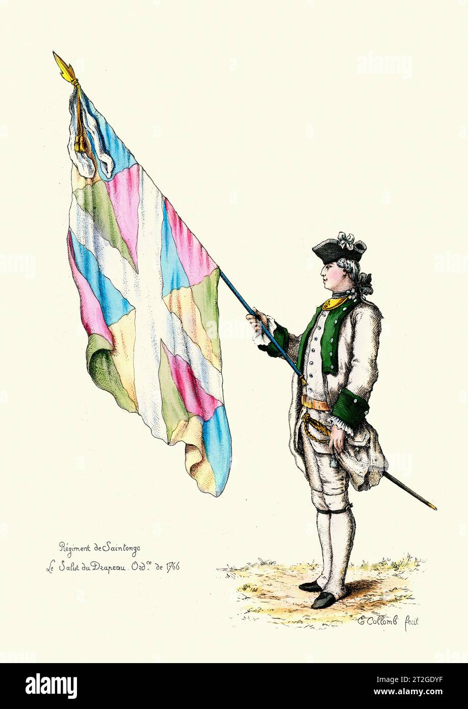 French Military Uniforms, 18th Century, History, Infantry solider standard bearer holding flag, Regiment de Saintonge Stock Photo