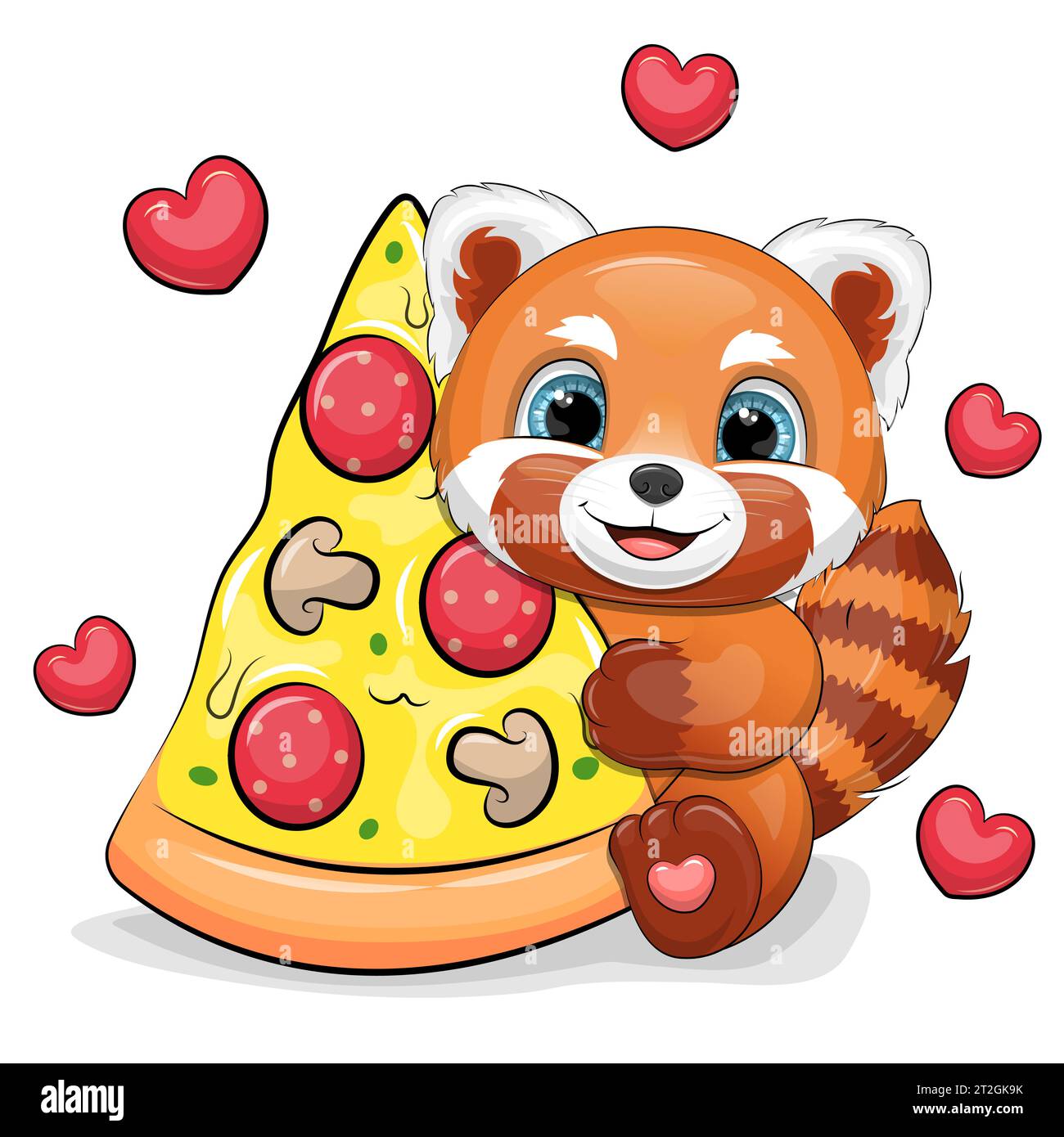 Cute cartoon red panda with a big piece of pizza. Vector illustration