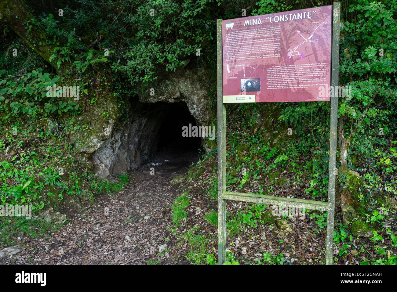 mouth of an old mine, Costante mine, Paleolithic Park of the Cueva del Valle, Rasines, Cantabria, Spain Stock Photo