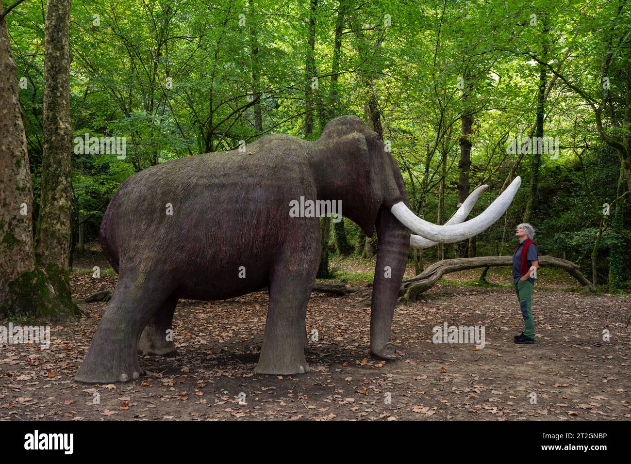 figure of a life-size mammoth, Paleolithic Park of the Cueva del Valle, Rasines, Cantabria, Spain Stock Photo