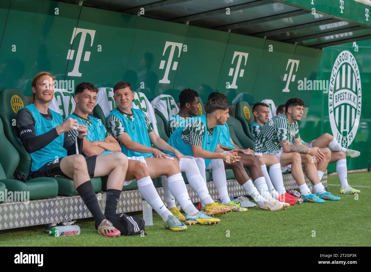 Budapest, Hungary – May 20, 2023. Ferencvaros substitutes on the bench before Hungarian OTP Bank League Gameweek 32 match Ferencvaros vs Debrecen (1-3 Stock Photo