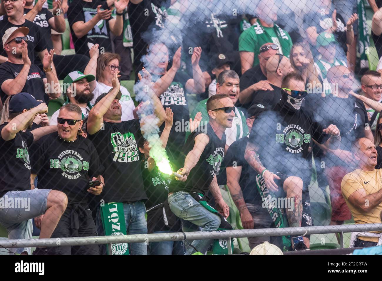 Budapest, Hungary – May 6, 2023. Ferencvaros fans celebrating 34th