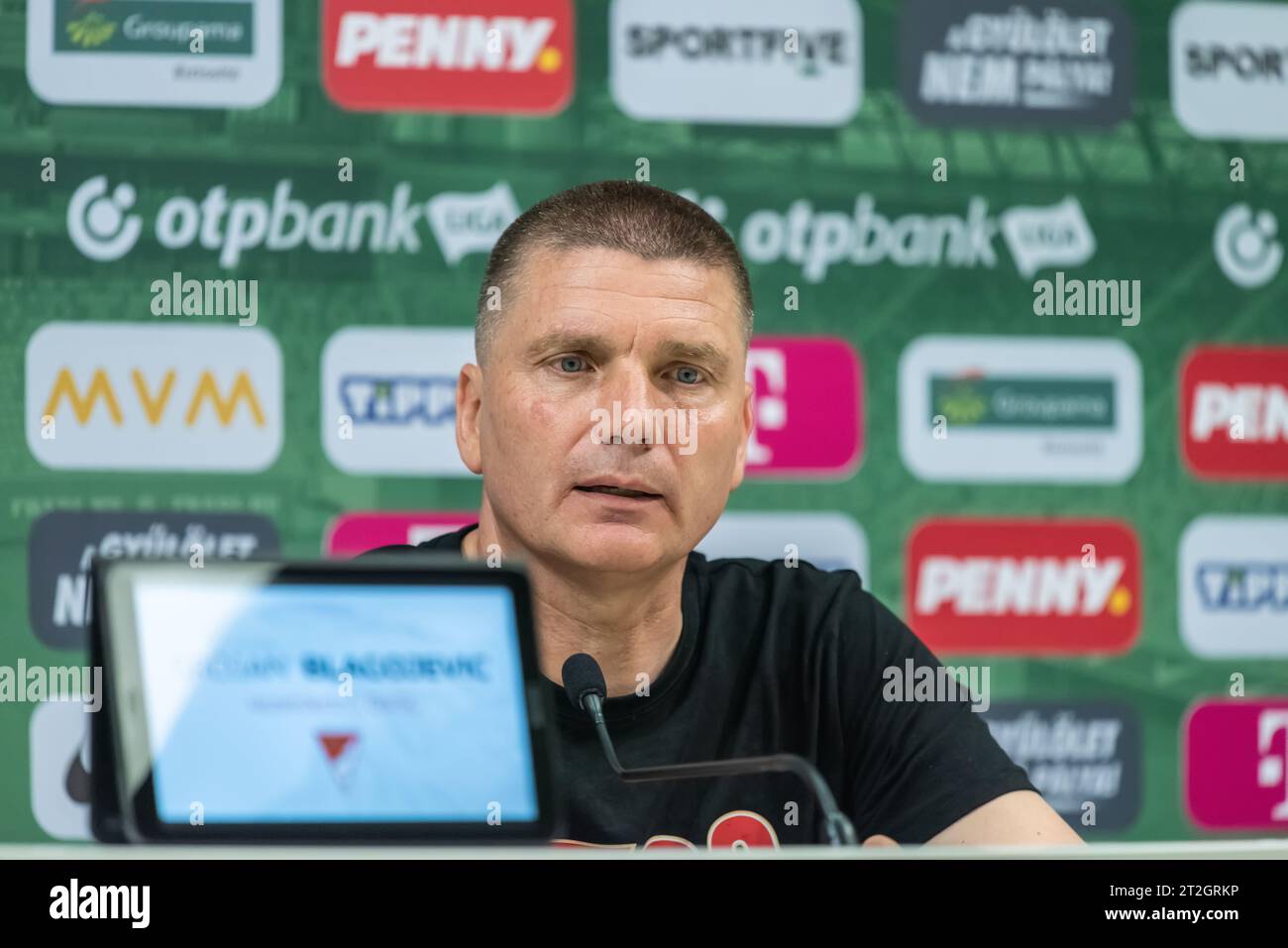 Budapest, Hungary – May 20, 2023. Debrecen VSC coach Srdjan Blagojevic at a press conference following Hungarian OTP Bank League Gameweek 32 match Fer Stock Photo