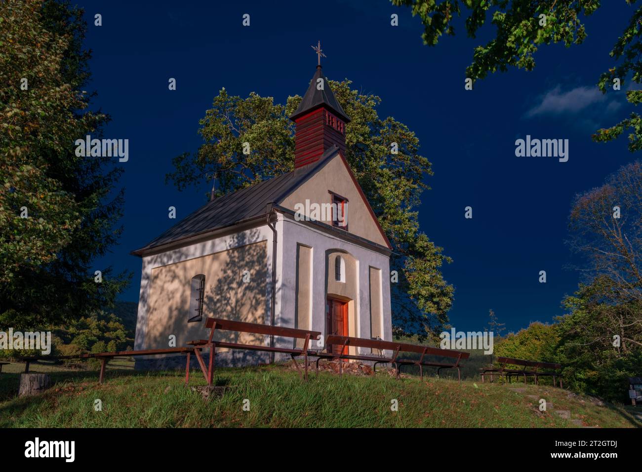 Chapel near Podskalie village in autumn color evening in Strazovske hills Stock Photo