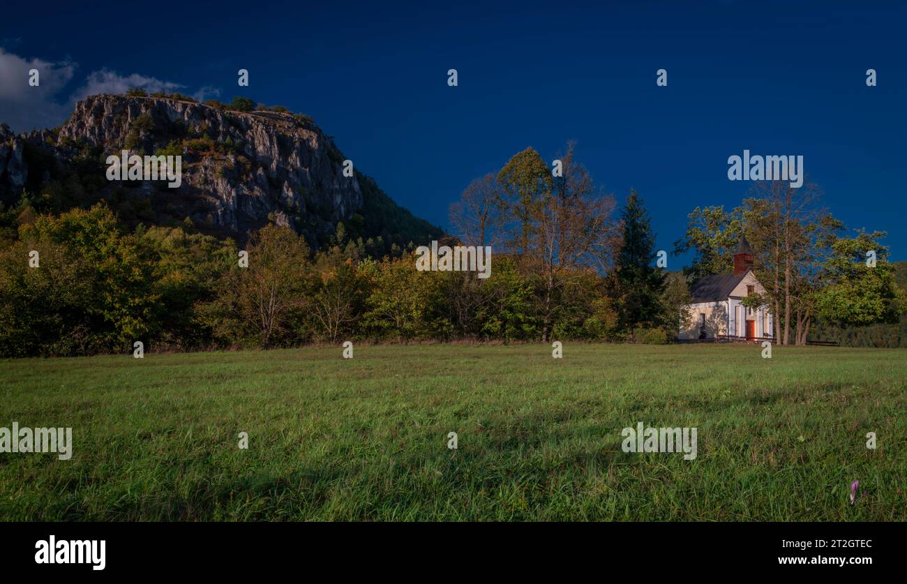 Chapel near Podskalie village in autumn color evening in Strazovske hills Stock Photo
