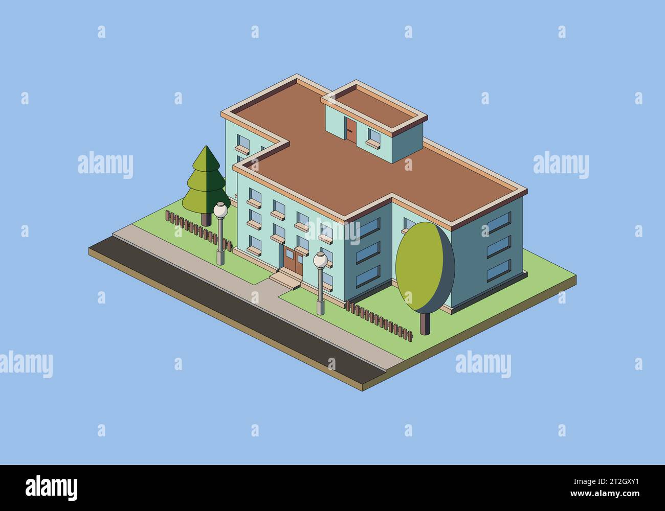 Isometric building with road and trees, vector illustration Stock ...