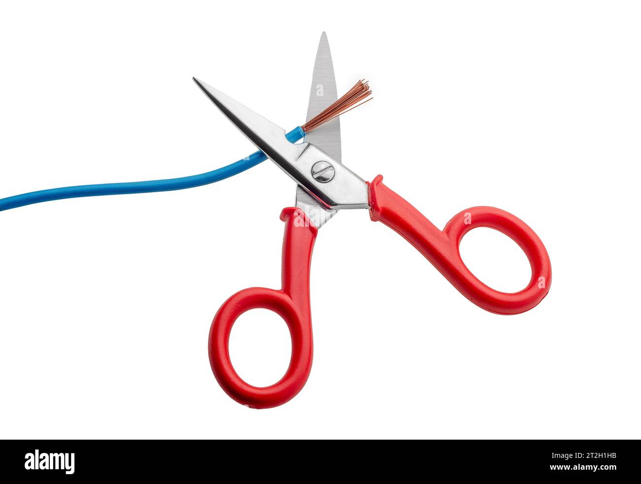 Electrician scissors cutting cable with exposed copper wires, isolated on white with clipping path included Stock Photo