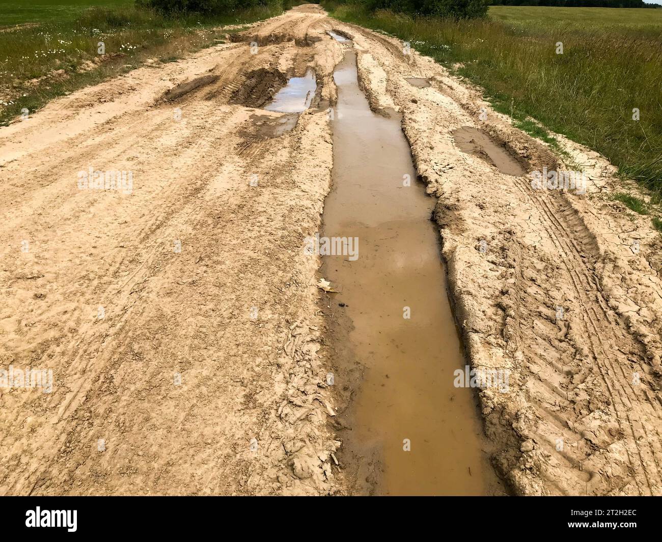 Texture of a dirty bad dirt road dirt road with puddles and clay drying ...