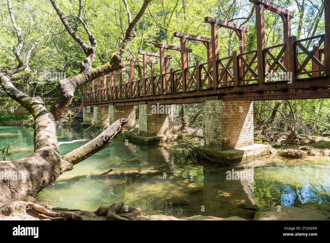 Pedestrian bridge in the forest in Kursunlu waterfall park in Antalya, Turkey. The waterfall is on one of the tributaries of the Aksu River, where the Stock Photo