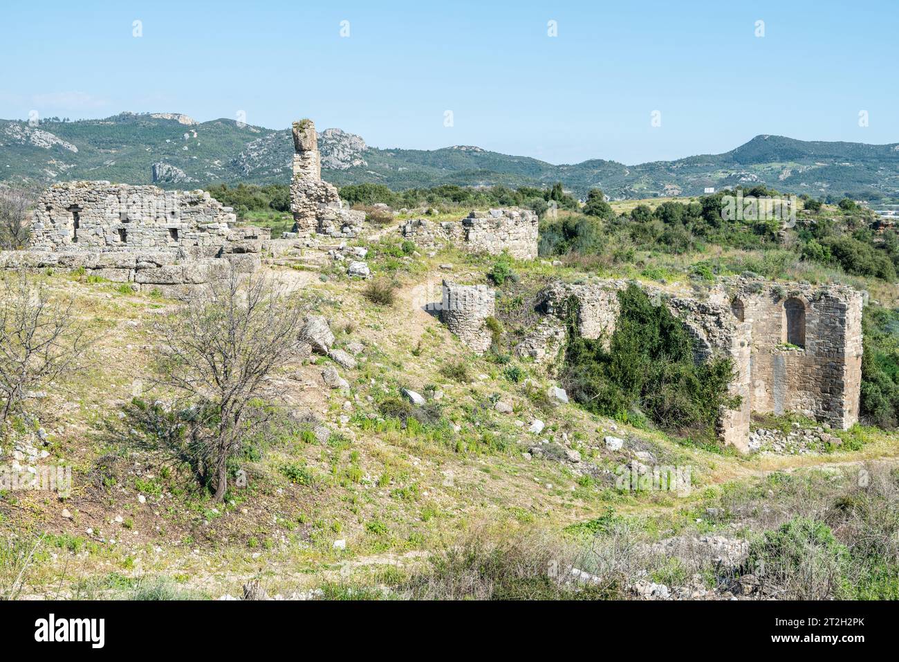 Ruins of a church at Aspendos ancient site in Turkey. Aspendos was an ancient Greco-Roman city in Antalya province of Turkey. The site is located 40 k Stock Photo