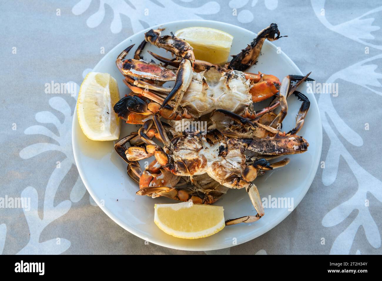 Plate of cooked blue crab (Callinectes sapidus) in Turkey. Stock Photo