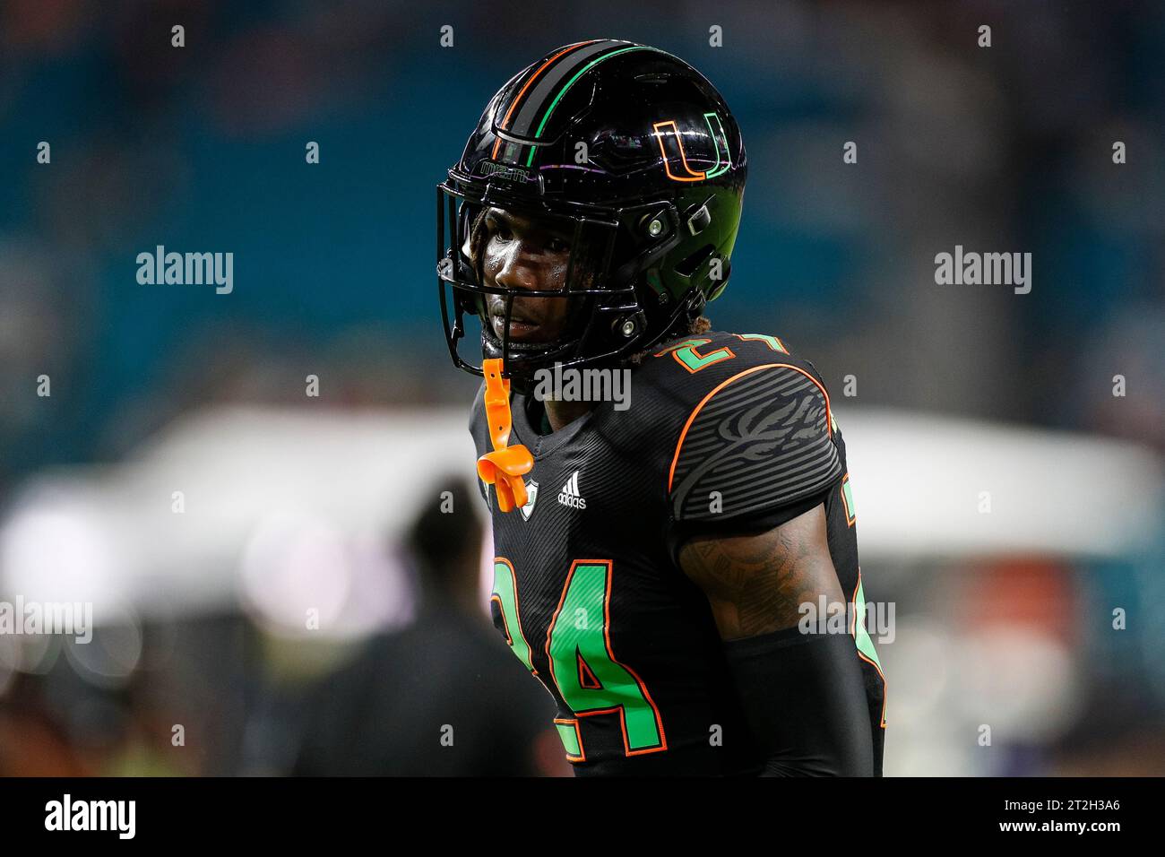 Miami Hurricanes running back Chris Johnson Jr. (24) warms up prior to a college football regular season game against the Georgia Tech Yellow Jackets, Stock Photo