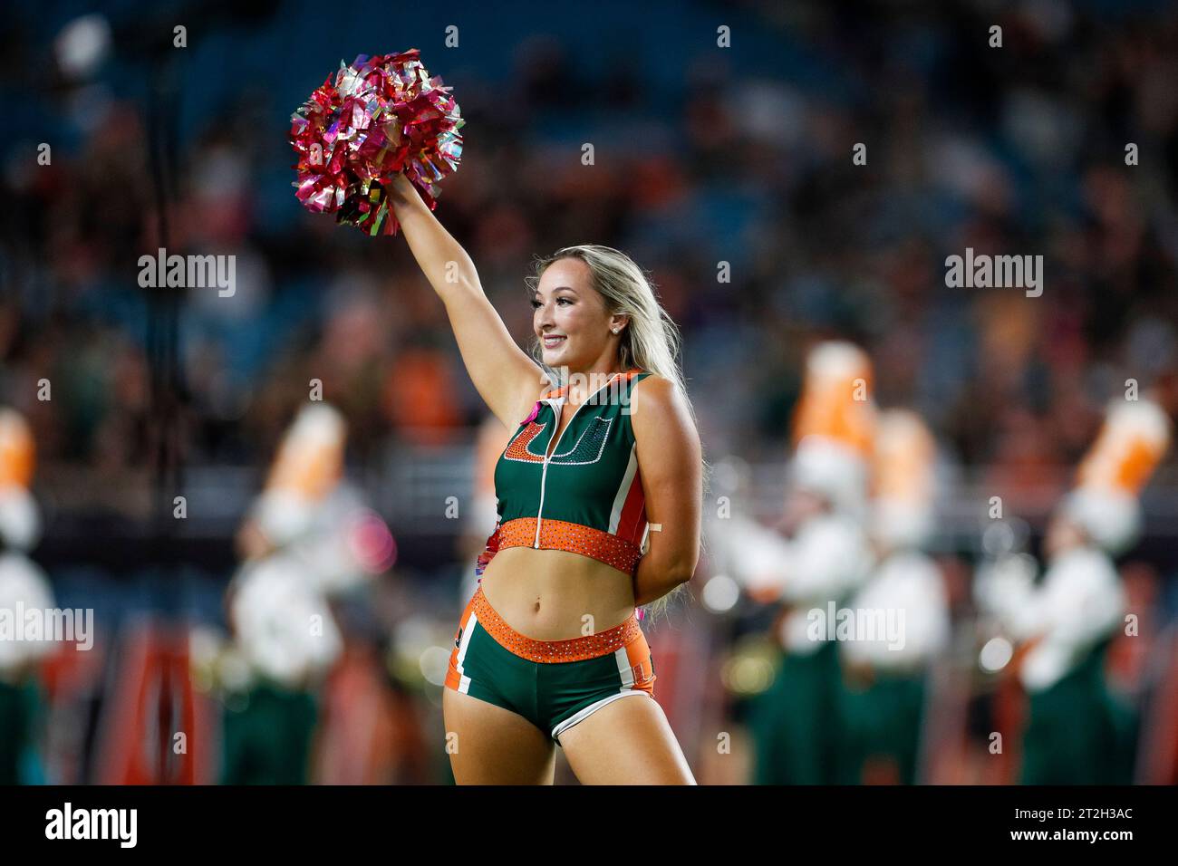 A Miami Hurricane cheerleader performs prior to a college football regular season game against the Georgia Tech Yellow Jackets, Saturday, October 7, 2 Stock Photo