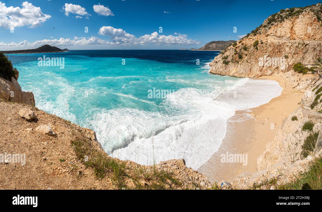 Kaputas beach near Kalkan town in Antalya province of Turkey. View on a stormy day in spring. Stock Photo
