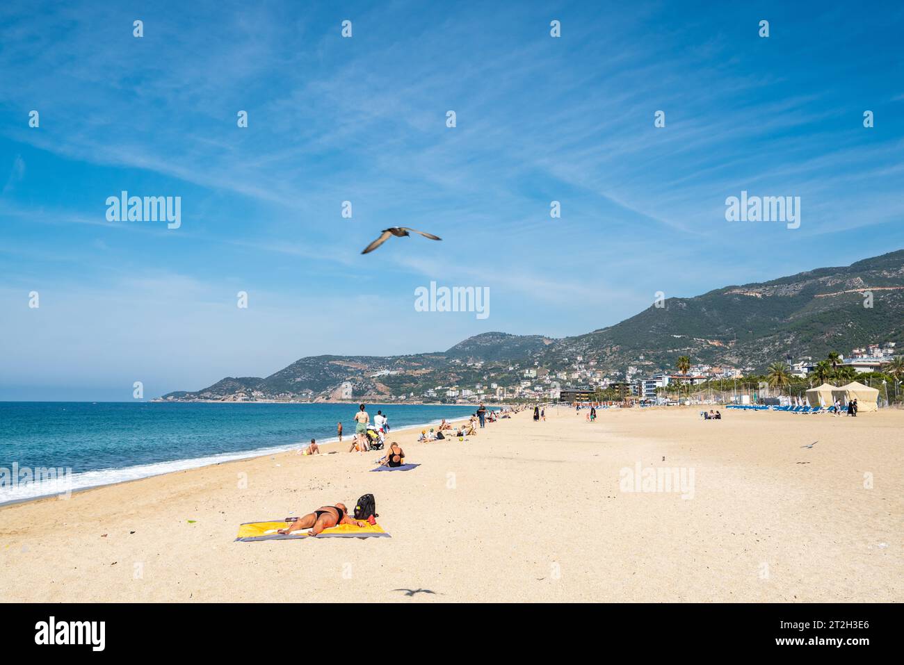 Alanya, Turkey – March 26, 2023. Cleopatra’s Beach in Alanya, Turkey. View with people on a sunny day. Stock Photo