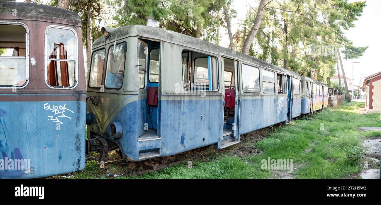 Abandoned Rack Railway Train in Diakopto Greece Stock Photo