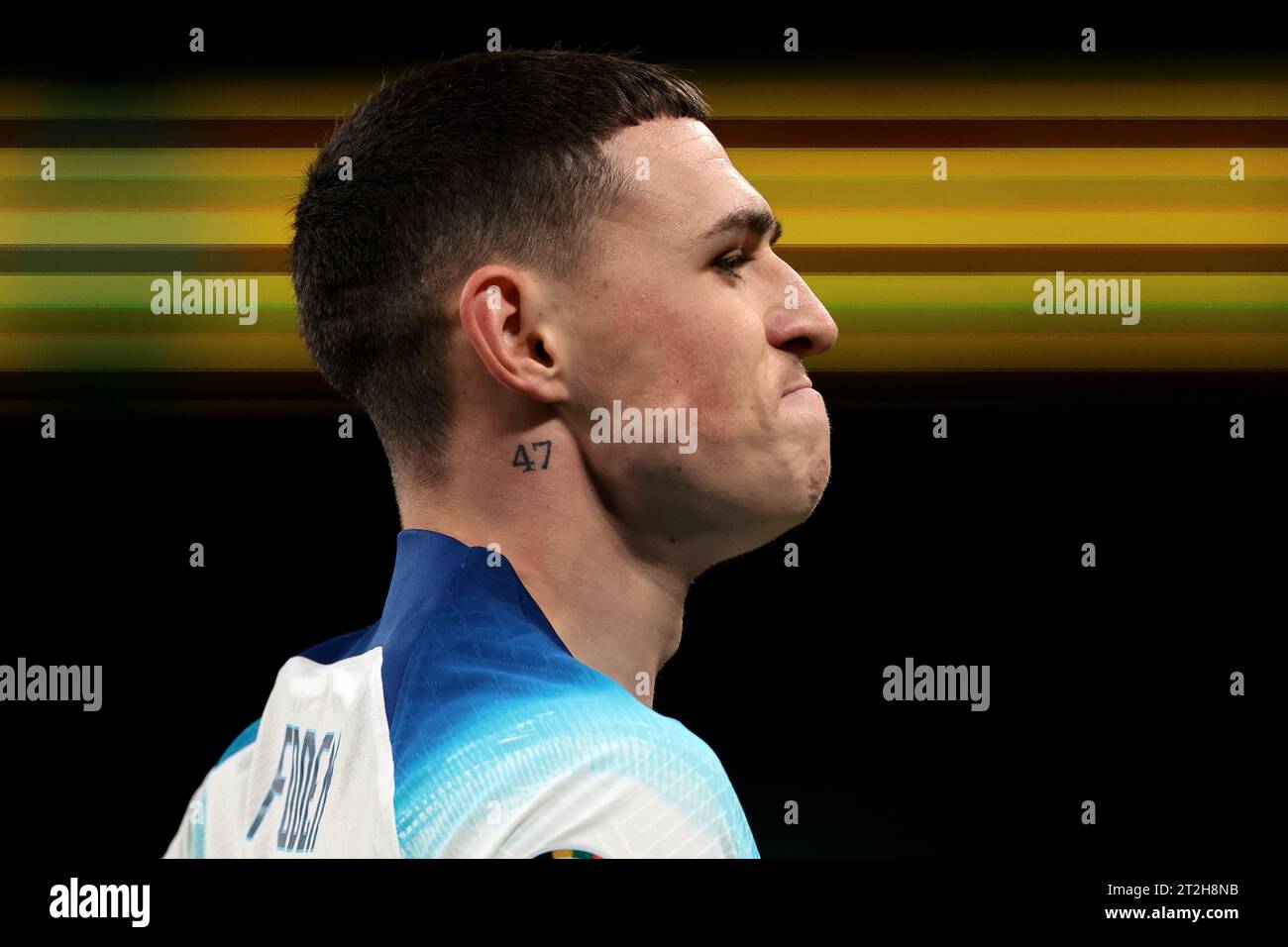 London, UK. 17th Oct, 2023. A tattoo bearing the number forty seven is seen on the neck of Phil