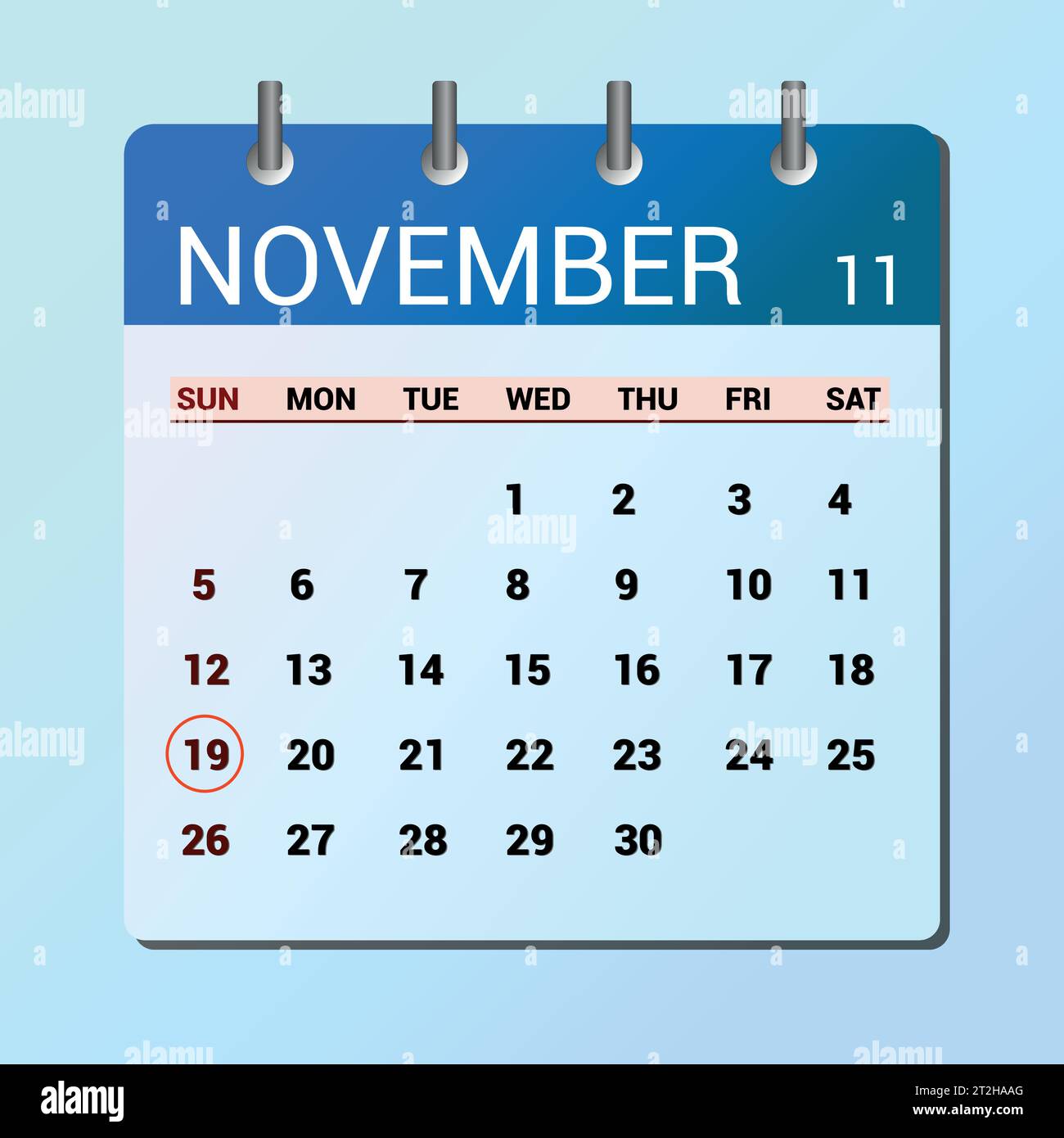 vector page of October month calendar and highlighted date November 19 vector page of October month calendar and highlighted date November 19