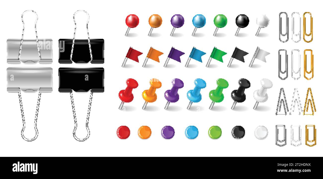 Office paper clips pins and clamps realistic set isolated at white