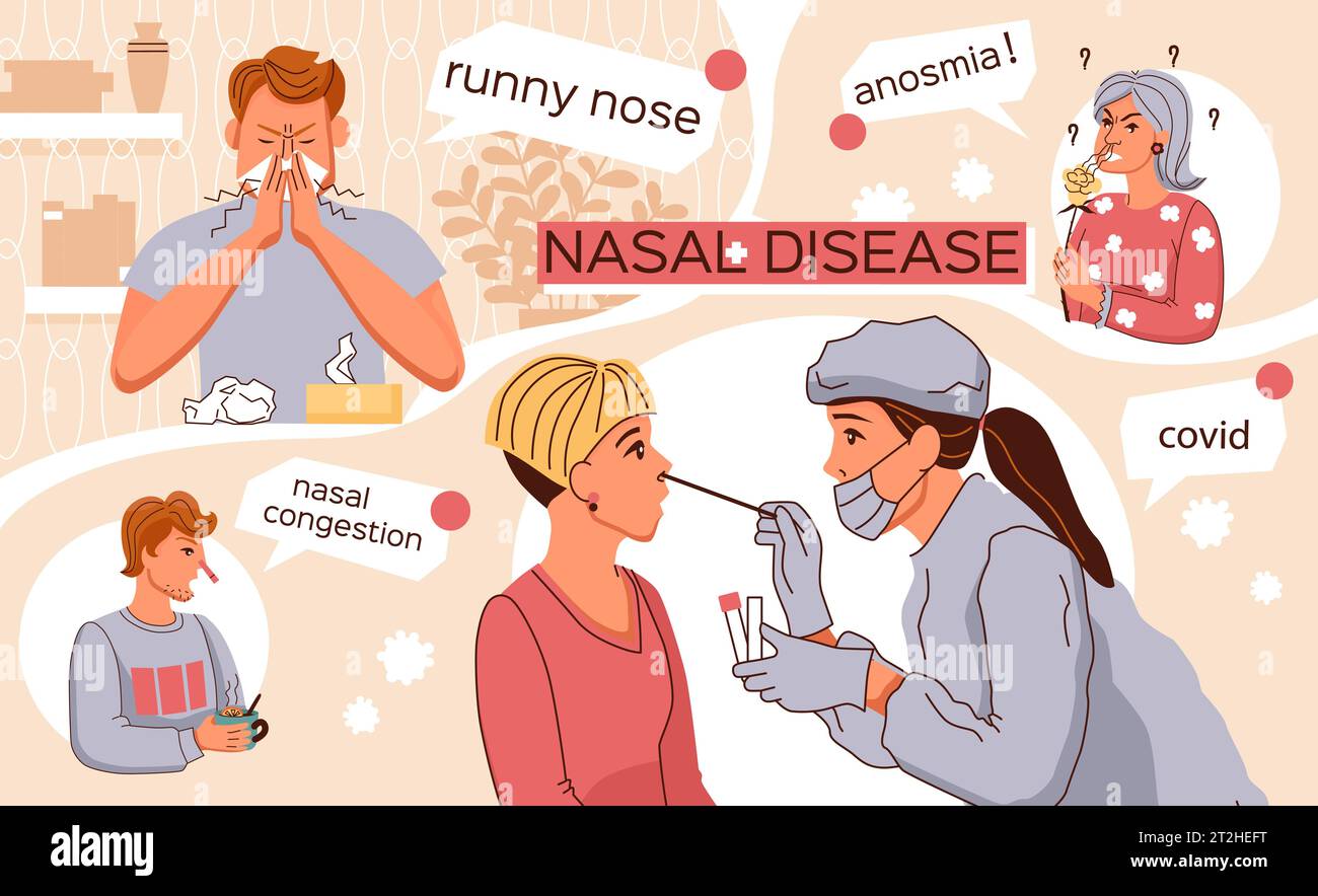 Nasal diseases flat collage demonstrating runny nose anosmia nasal congestion covid vector illustration Stock Vector