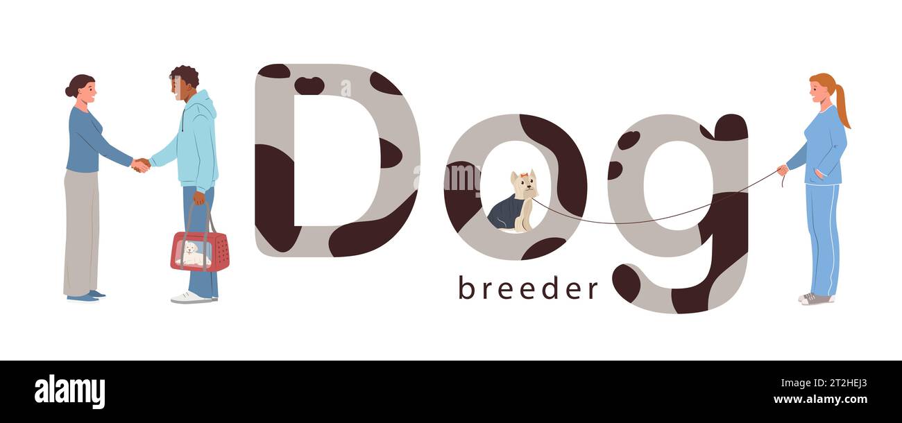 Dog breeder business composition of flat text with fur spots and two human characters shaking hands vector illustration Stock Vector