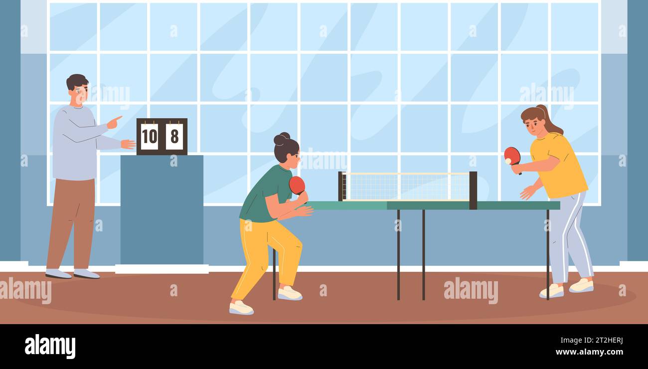 Ping pong flat concept with young women playing table tennis vector ...