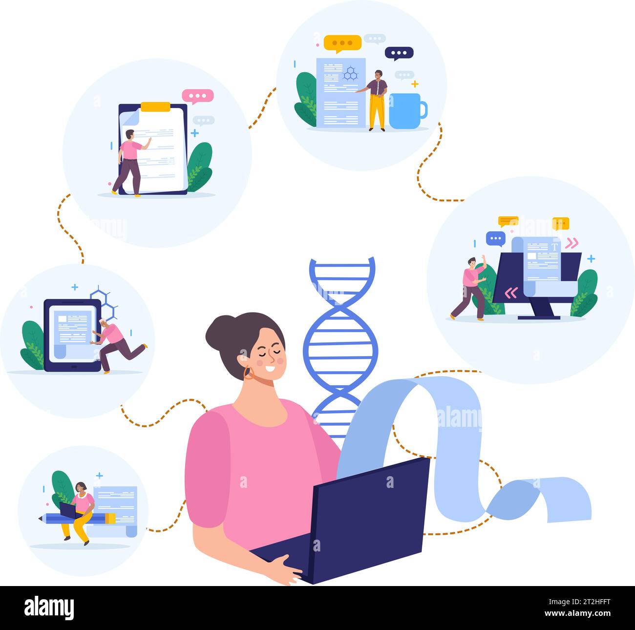 Scientific articles writing flat background with connected compositions of doodle people with letter icons and computers vector illustration Stock Vector