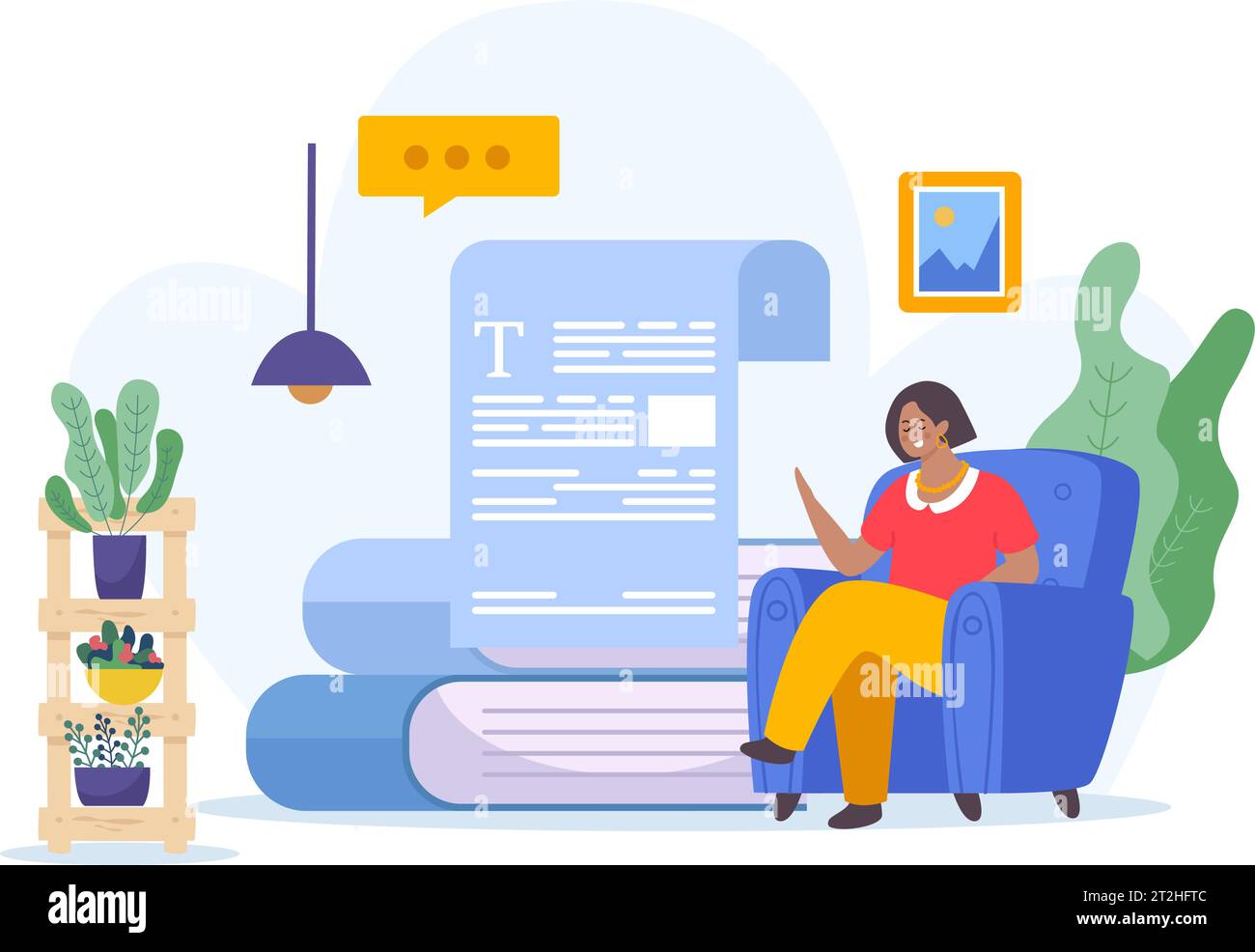 Writer flat background composition with living room scenery interior elements and female writer sitting in armchair vector illustration Stock Vector