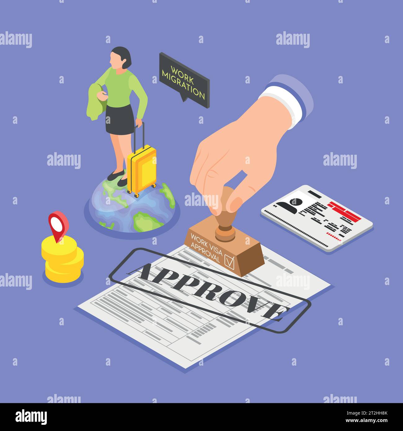 Work migration isometric composition with approved visa and female character with suitcase on color background vector illustration Stock Vector