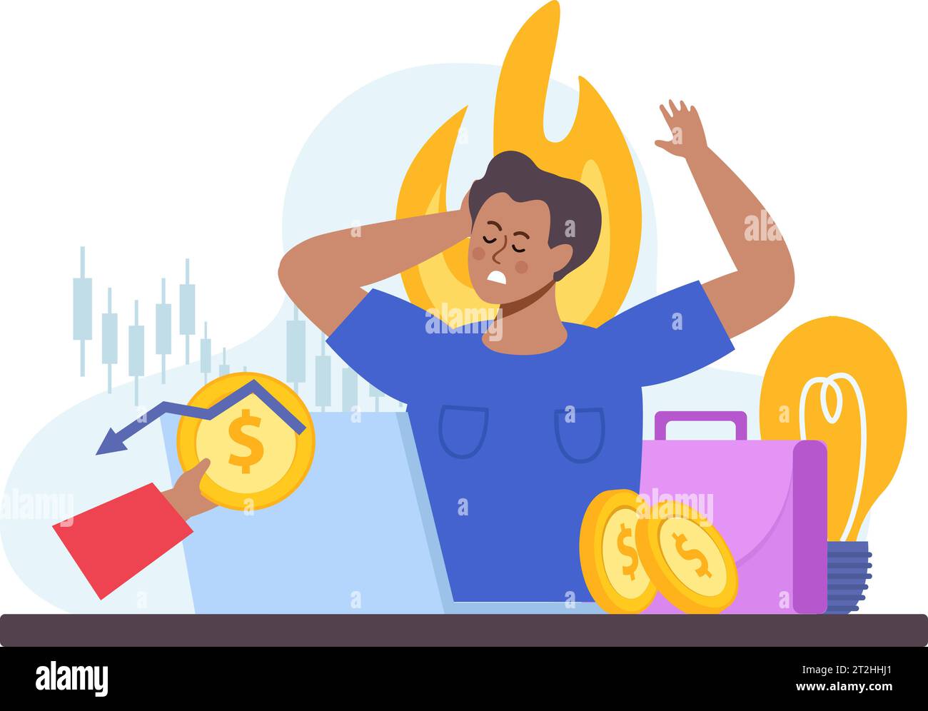 Financial instability flat icons composition with doodle character of broker on fire with coins and stocks vector illustration Stock Vector