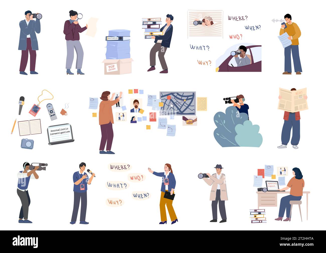 Journalistic investigations flat set of isolated icons with microphones ...