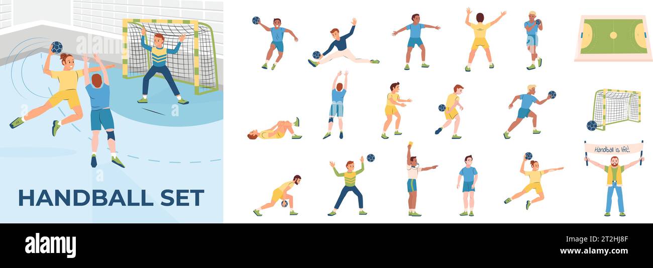 Flat composition set of handball players during game court referee and