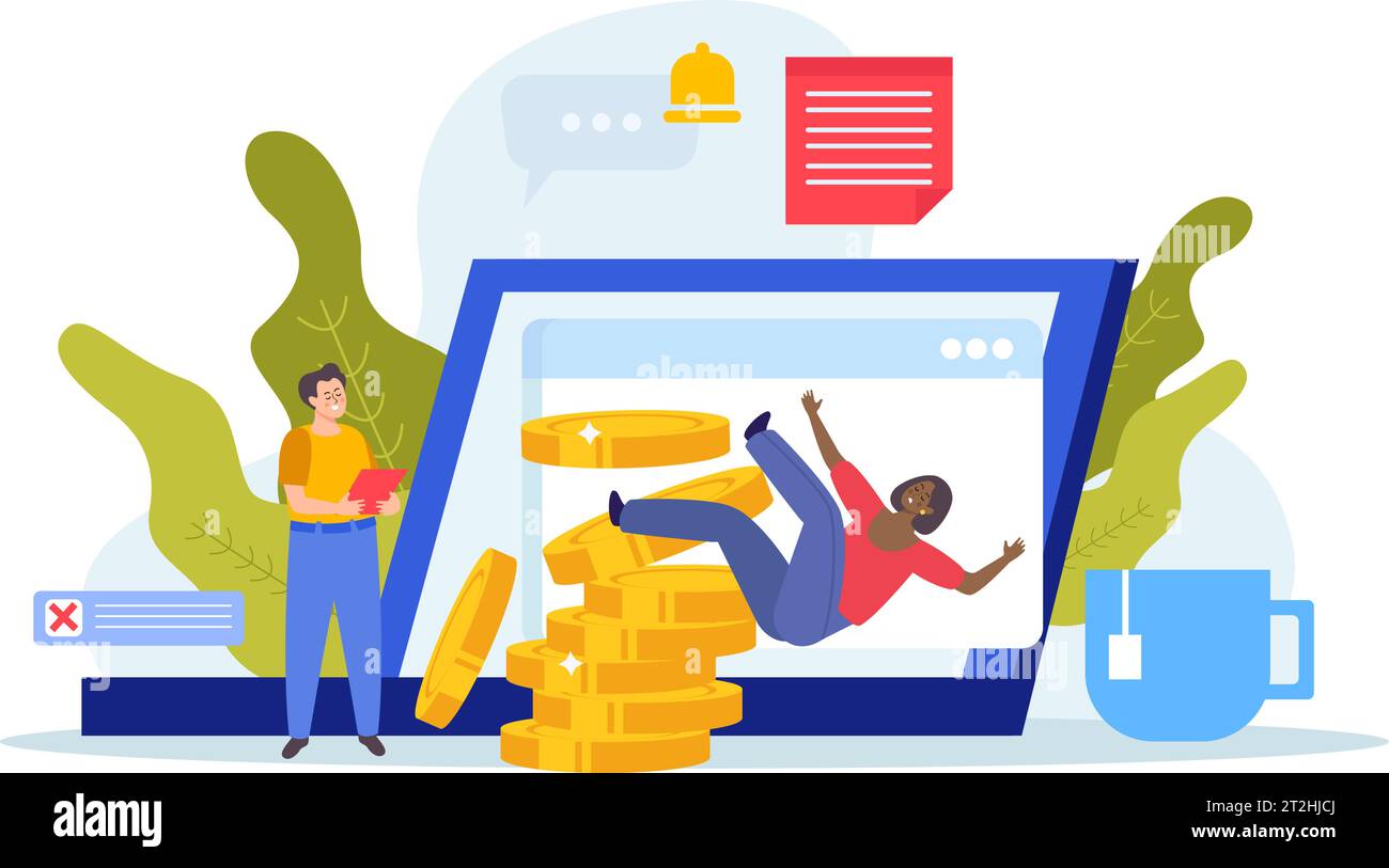 Financial instability flat icons composition on blank background with doodle people falling from stack of coins vector illustration Stock Vector