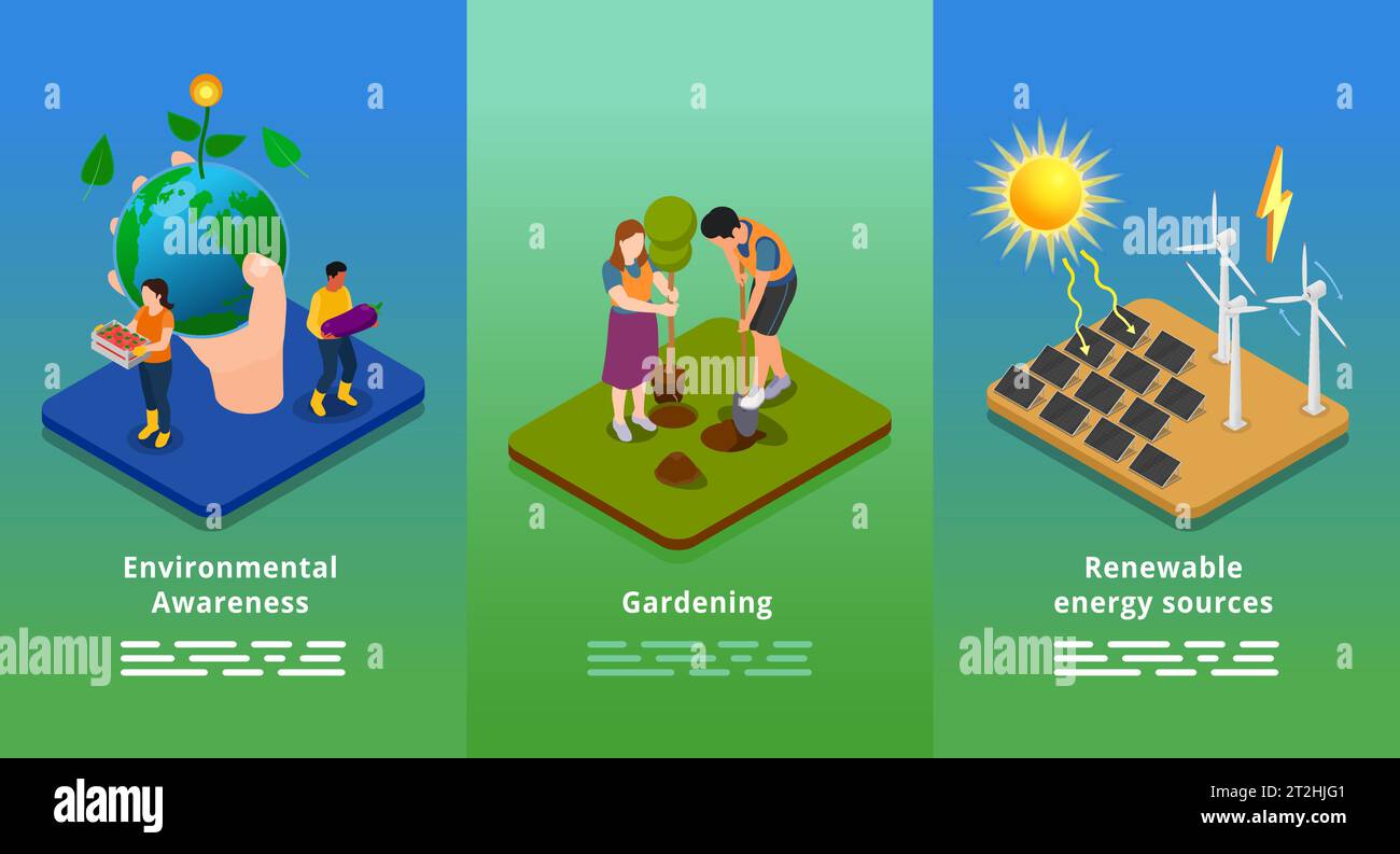 Ecological awareness infographics with people planting trees and using