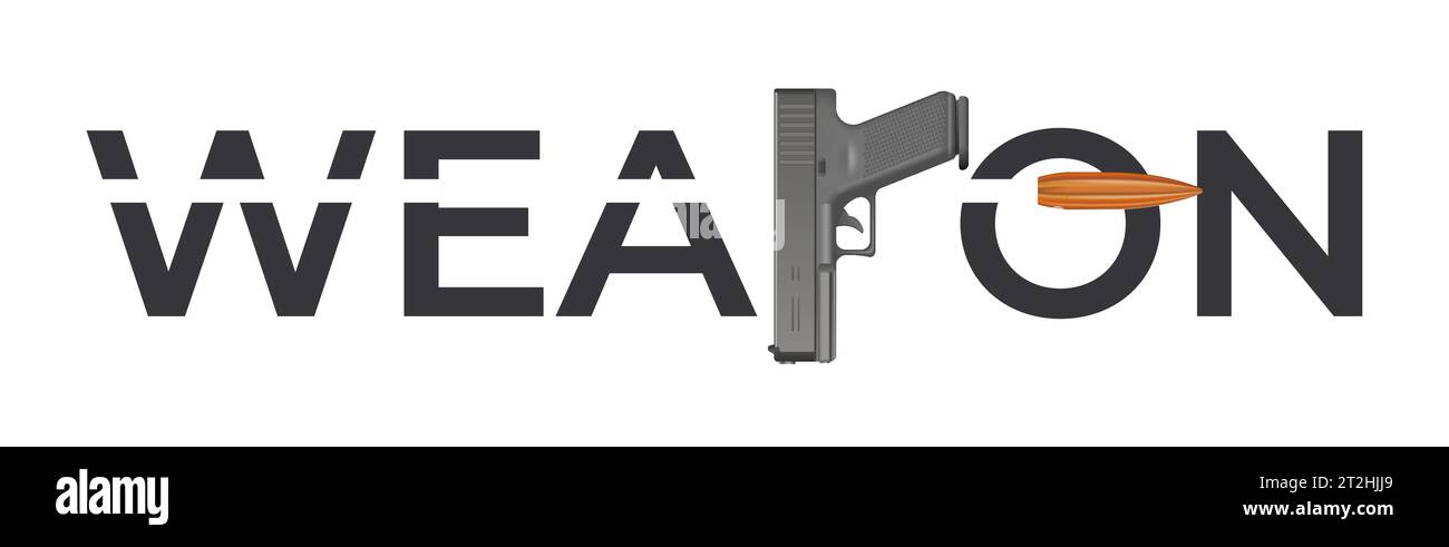 Weapon war composition of flat text hit by flying bullet with realistic ...