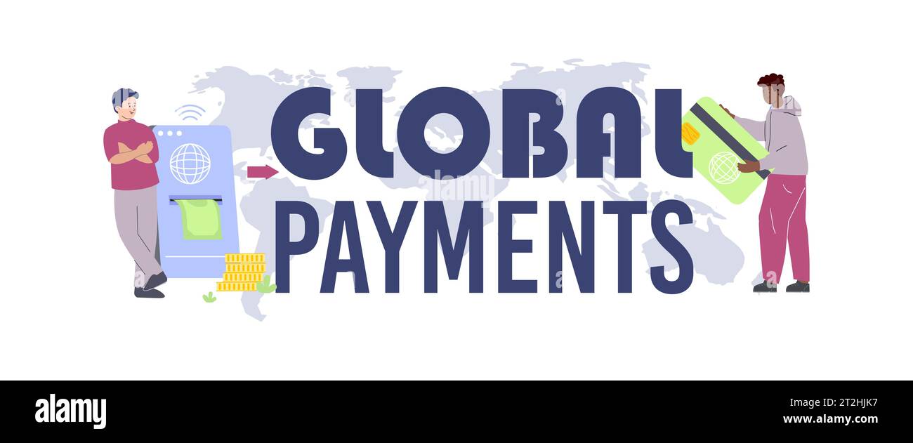 Global payments flat header text with big letters and small human