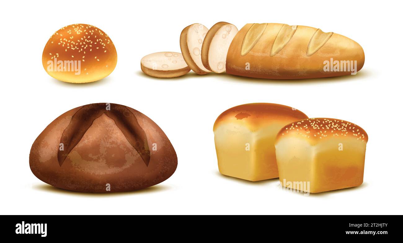 Bakery realistic set with wheat and rye bread sliced loaf and bun with ...