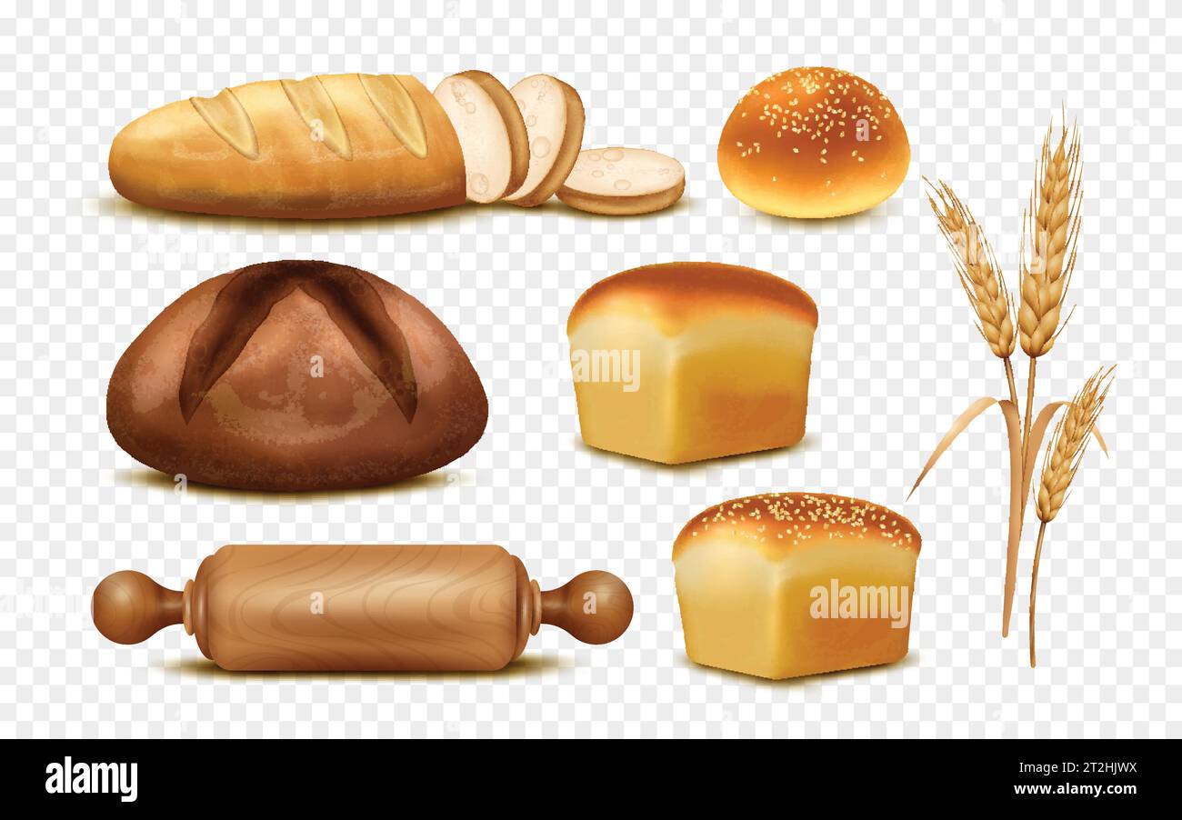 Bakery set of realistic bread loaves wheat ears and wooden rolling pin ...