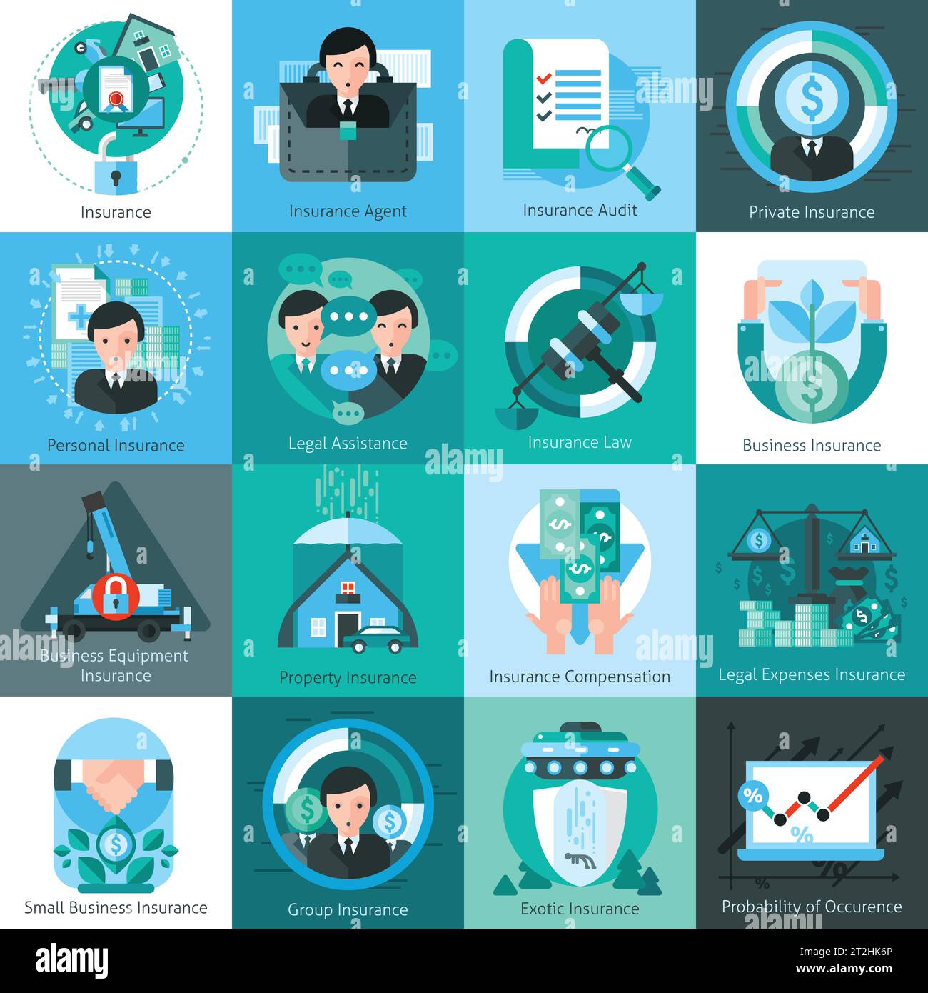 Business insurance icons set with insurance agent and audit symbols