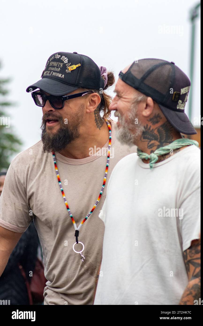 Jason Momoa and Blaine Halvorson wander through the crowds promoting their new Meili Vodka.  Photo taken October 19, 2023 in Brookfield, WI at Total W Stock Photo